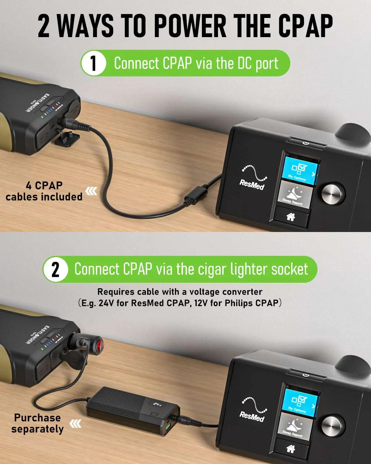 72000mAh/266.4Wh CPAP Battery Backup Power Supply Compatible with ResMed S9, AirSense 10, AirSense 11, AirMini, DreamStation 1&2, etc. 5 Ports Lithium-ion Battery with 4 Cables(ES720 Brown) - EASYLONGER