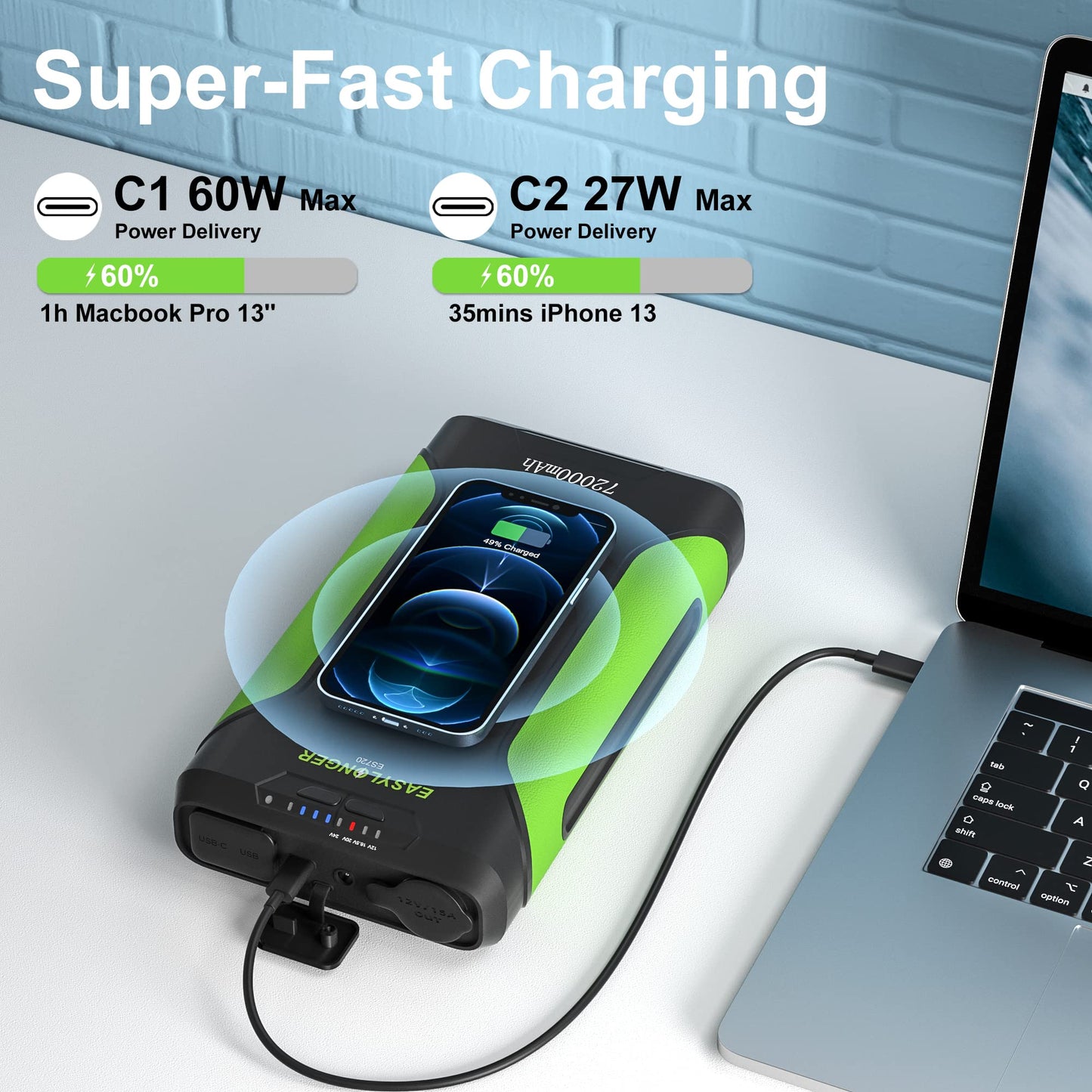 72000mAh/266.4Wh CPAP Battery Backup Power Supply Compatible with ResMed S9, AirSense 10, AirSense 11, AirMini, DreamStation 1&2, etc. 5 Ports Lithium-ion Battery(ES720 Green)